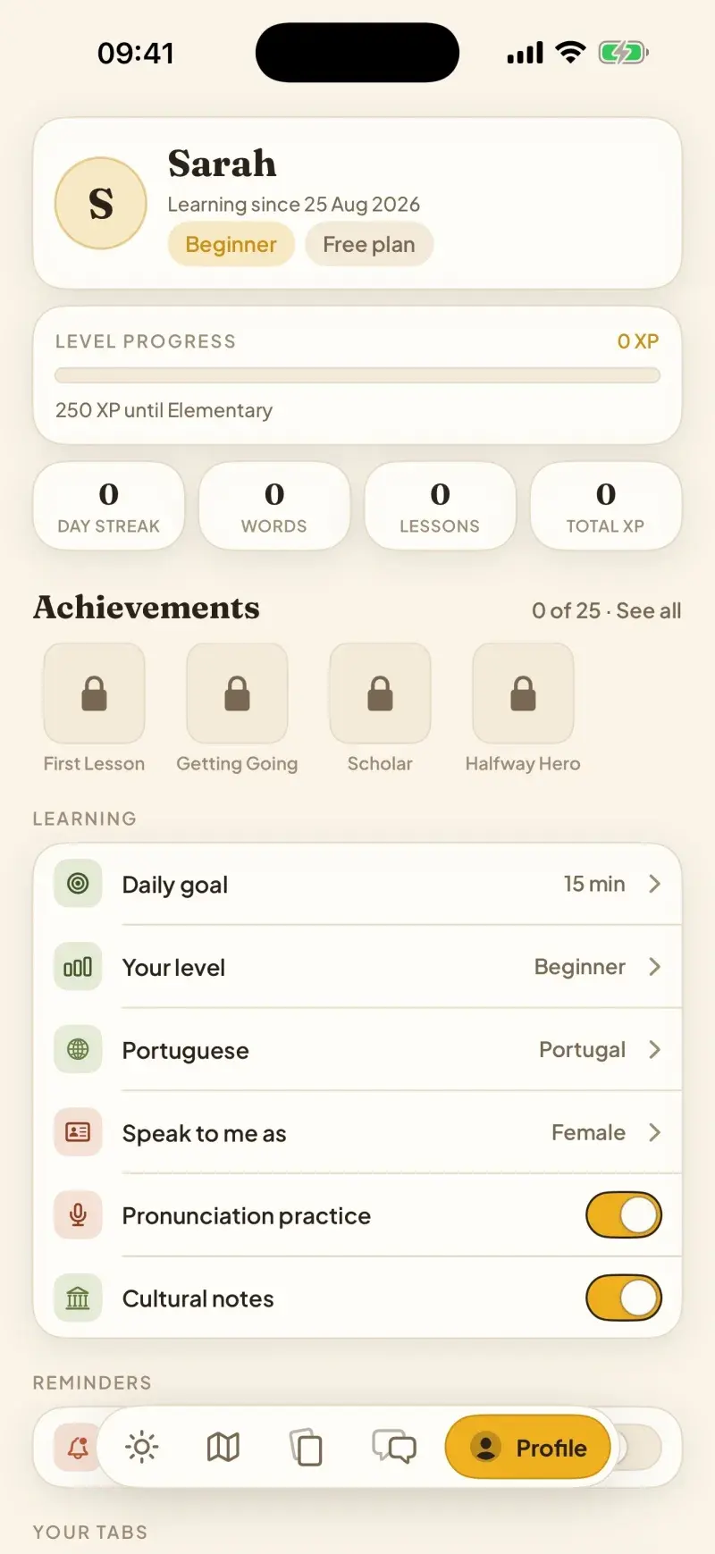 Aprender profile with streaks and progress