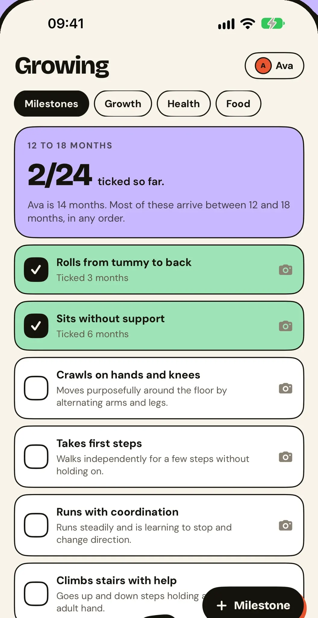 ParentPal Growing screen with milestones ticked off
