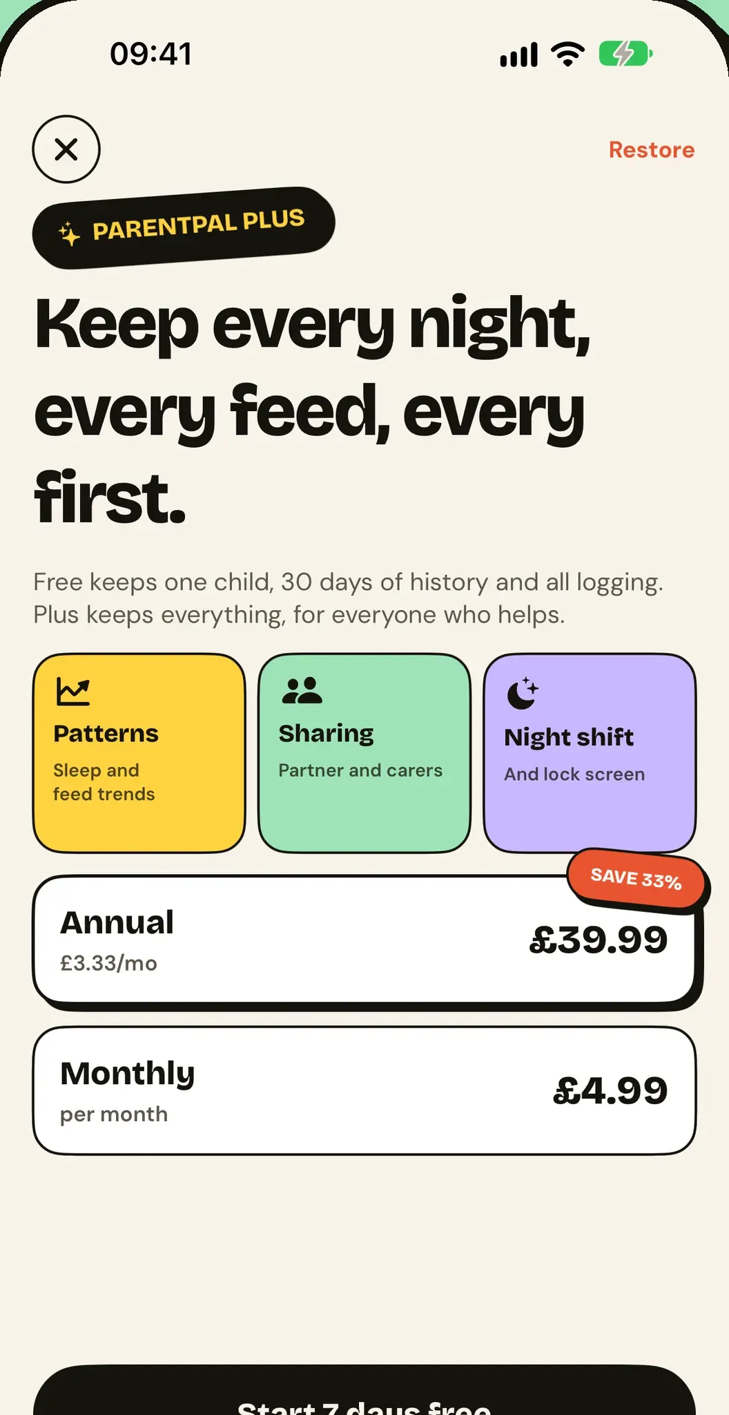 ParentPal Plus: patterns, sharing and night shift